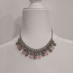 Silver Tone Fashion Beaded Necklace Pink Accents